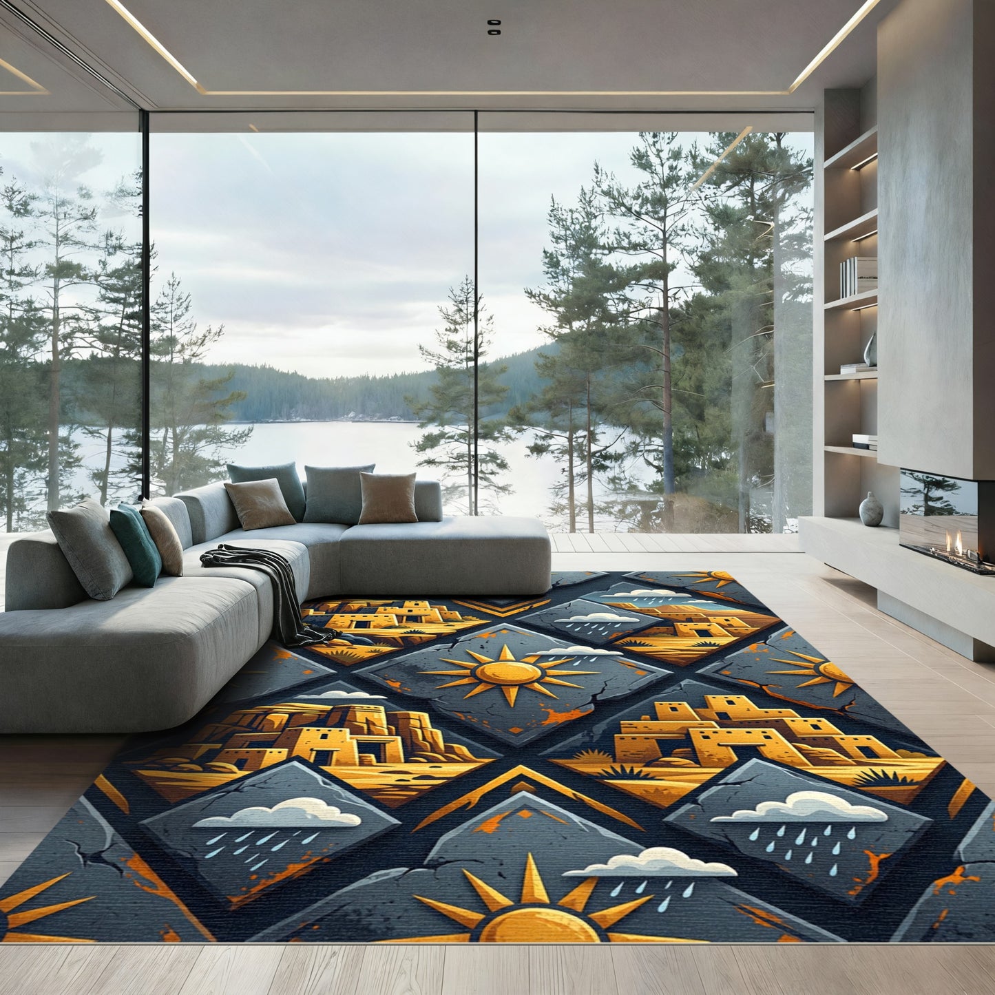 Earthy Southwest Adobe Sun Diamond Grid Rug
