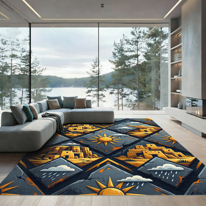 Earthy Southwest Adobe Sun Diamond Grid Rug