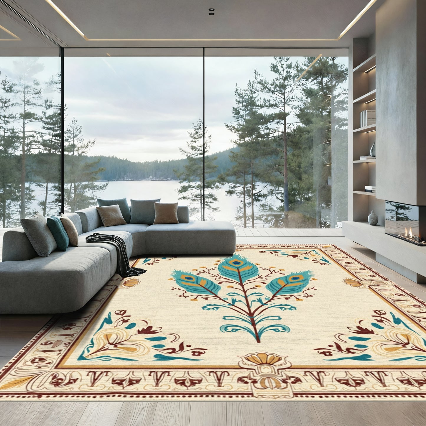 Turquoise Teal Peacock Feather Central Crest Rug