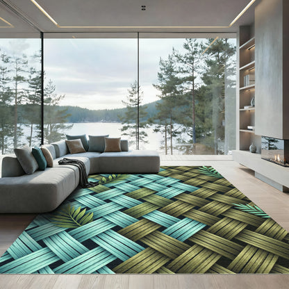 Woven Teal Olive Leaf Pattern Rug