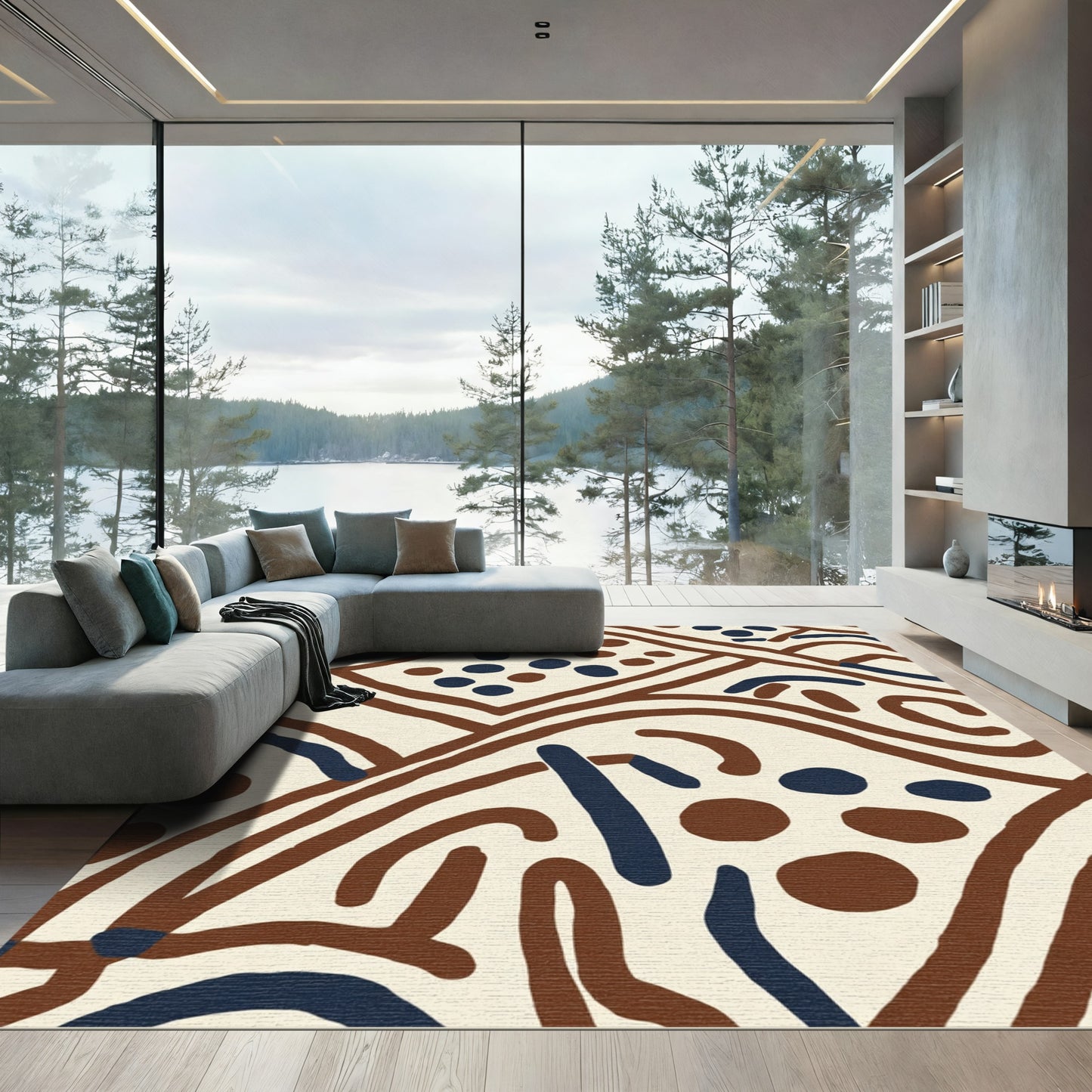 Brown Cream Abstract Organic Curvy Forms Rug
