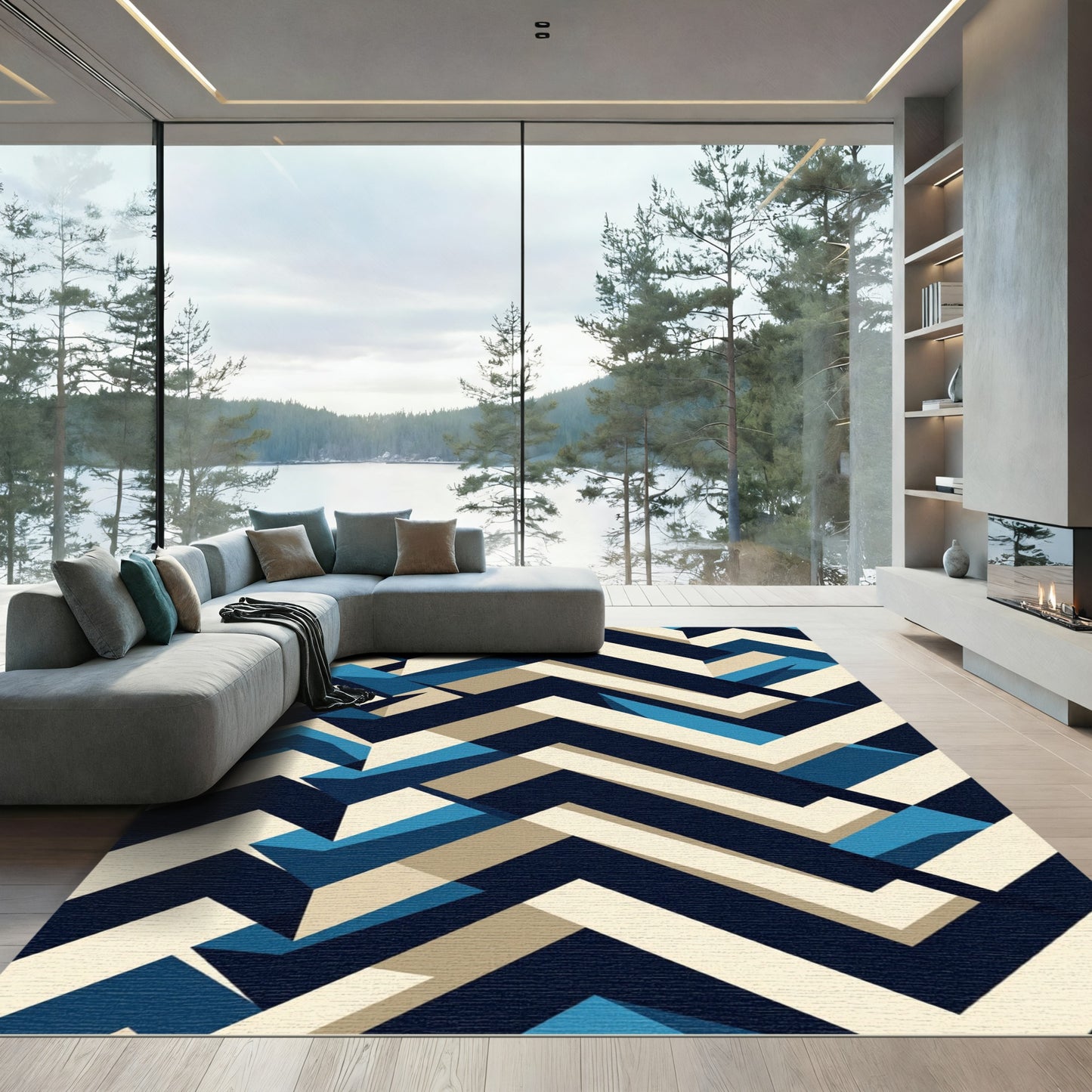 Modern Navy Sand Geometric Chevron Rug