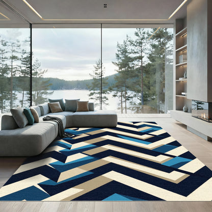 Modern Navy Sand Geometric Chevron Rug