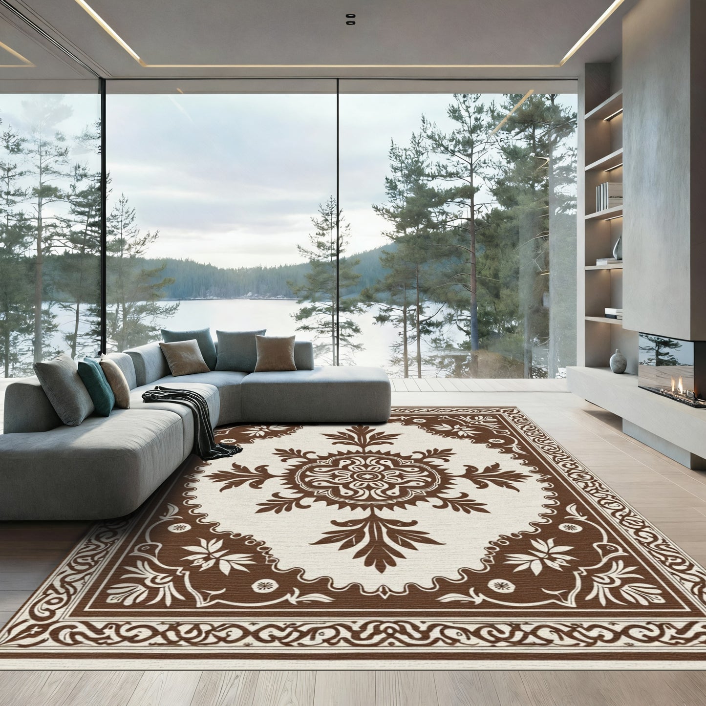 Brown Floral Medallion Scroll Border Rug