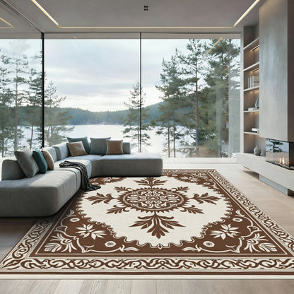 Brown Floral Medallion Scroll Border Rug