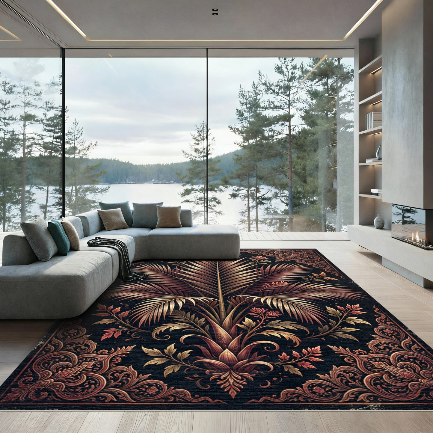 Elegant Gilded Palm Botanical Frame Rug