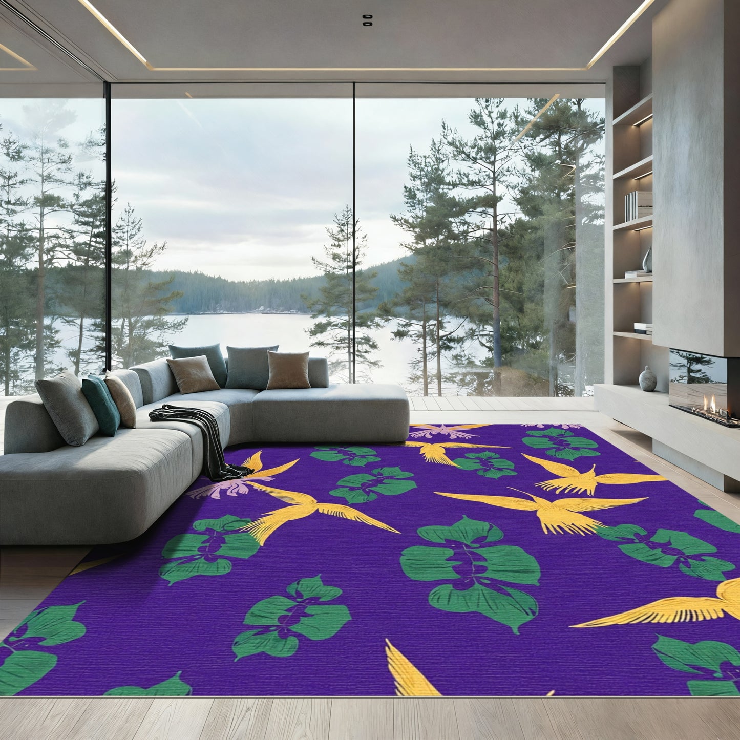 Golden Birds Green Leaf Purple Background Rug