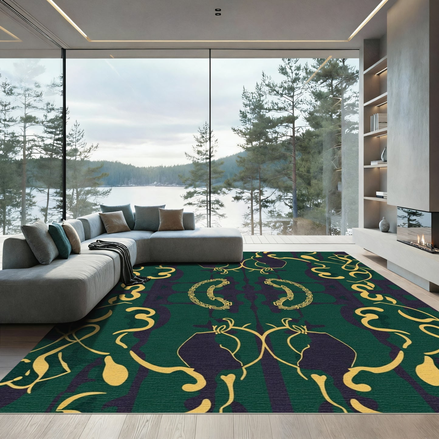 Emerald Gold Abstract Scroll Composition Rug