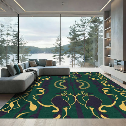 Emerald Gold Abstract Scroll Composition Rug