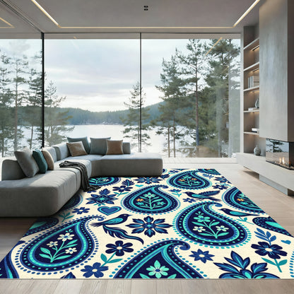 Blue Teal Paisley Floral Birds Rug