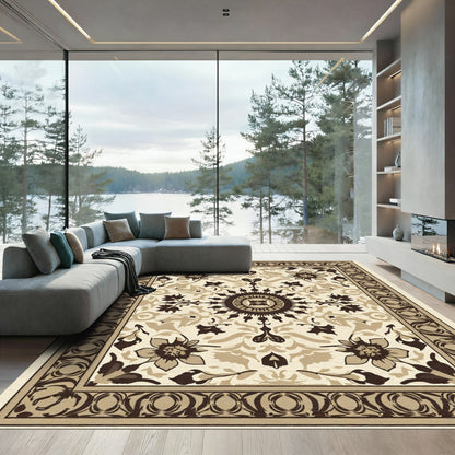 Cream and Brown Floral Medallion Rug