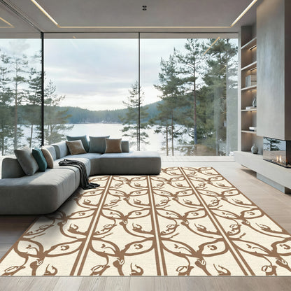 Cream Brown Stylized Vine Lattice Rug