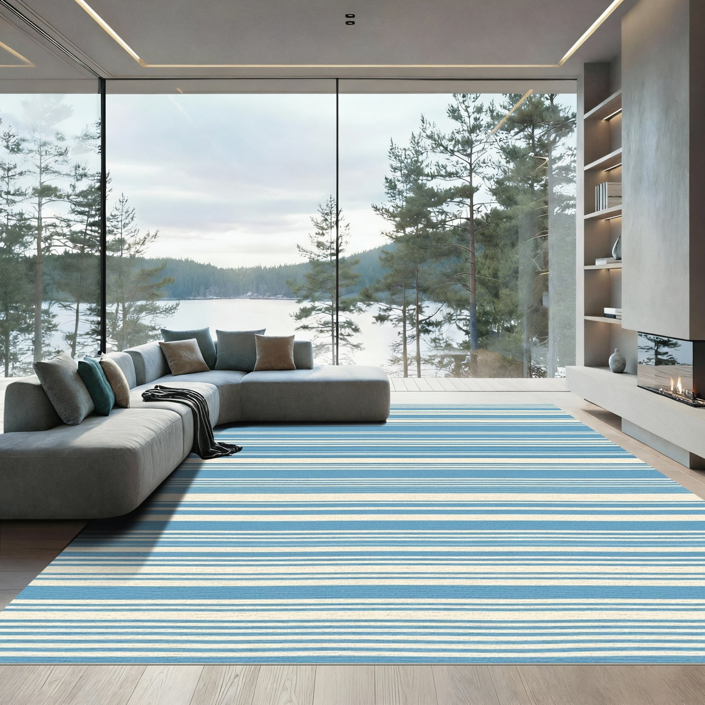 Soft Blue And Cream Stripe Rug