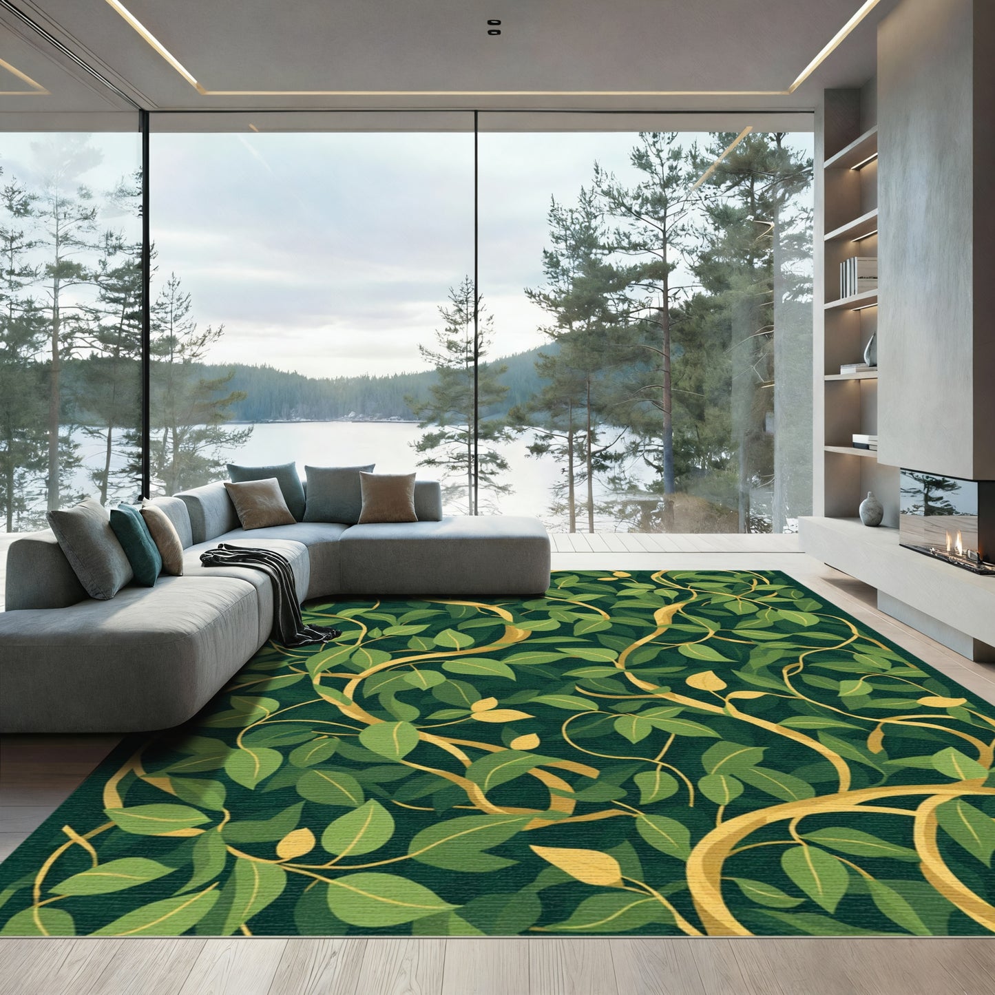 Emerald Green Gold Vine Foliage Rug