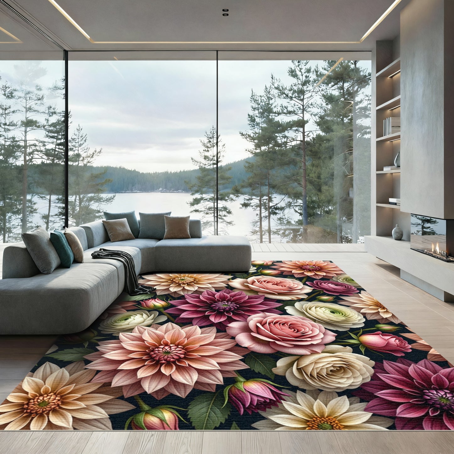 Lush Botanical Dahlia Rose Floral Art Rug