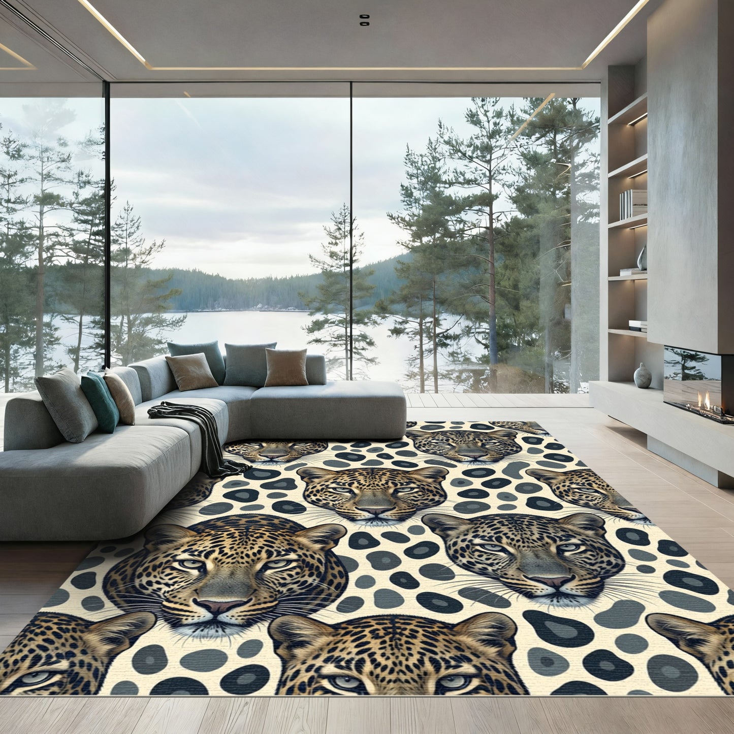 Golden Leopard Face Repeating Cream Spot Rug