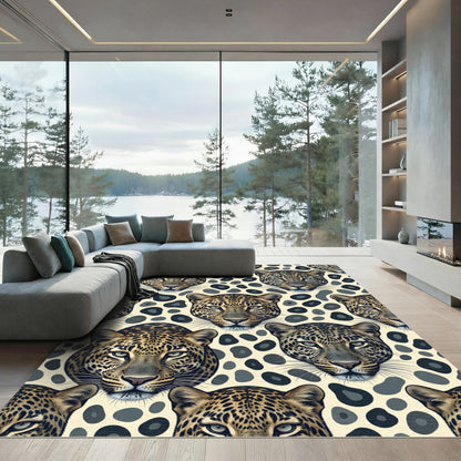 Golden Leopard Face Repeating Cream Spot Rug