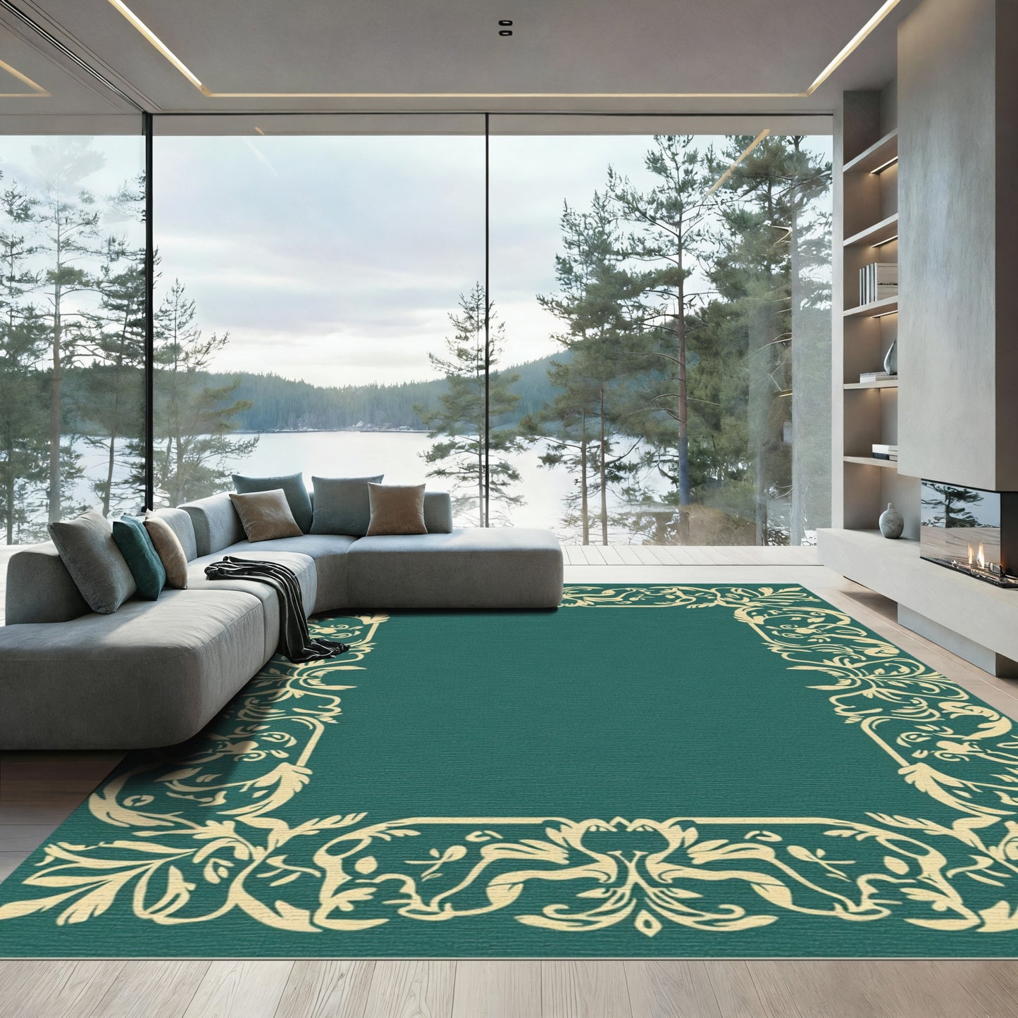 Elegant Teal Floral Leaf Border Rug