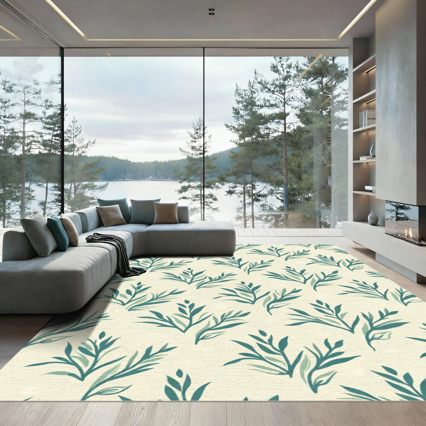 Teal Leafy Branches Cream Background Rug
