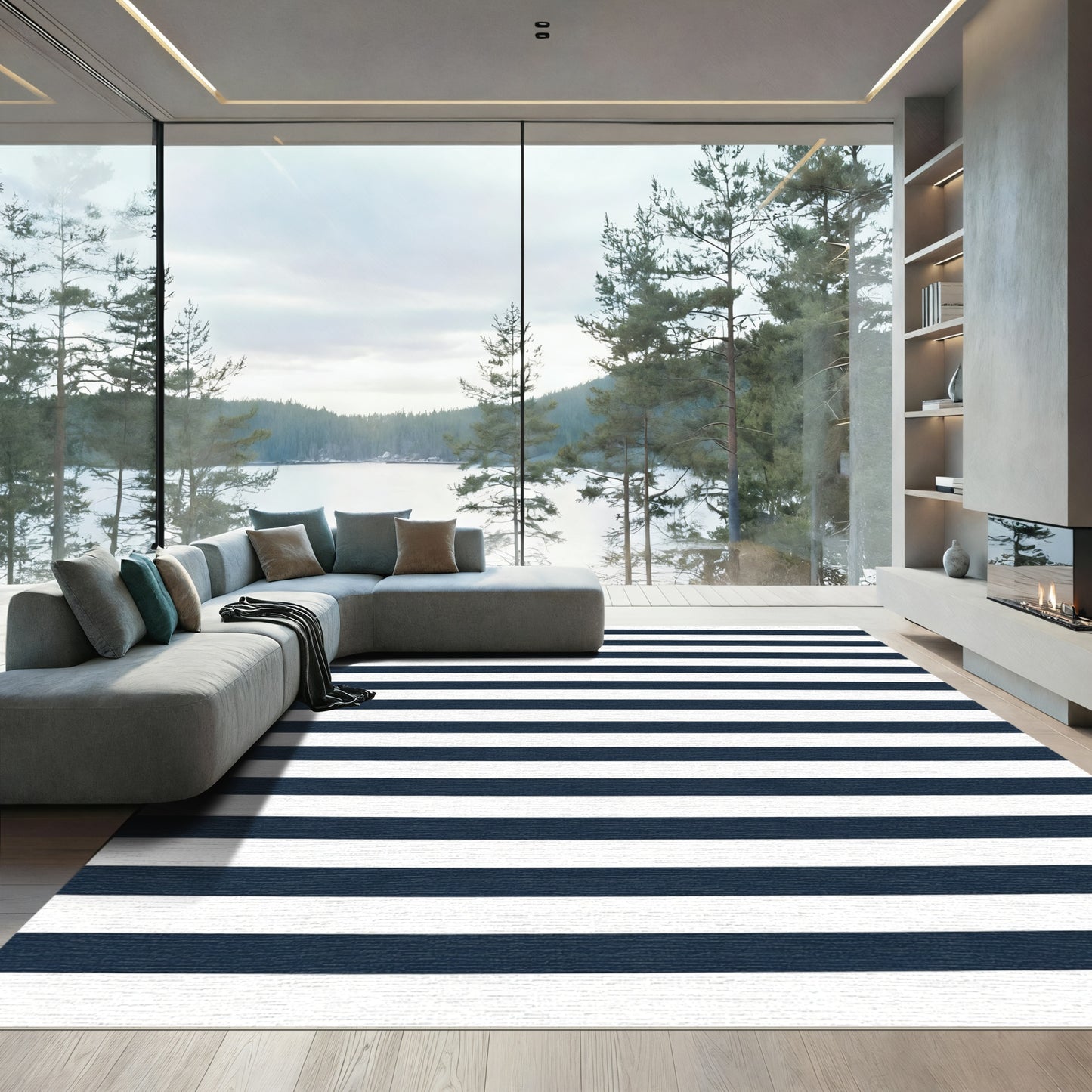 Classic Navy White Horizontal Stripes Rug