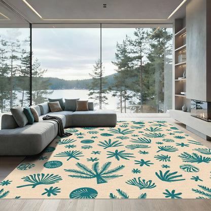 Teal Botanical Collage Cream Background Rug