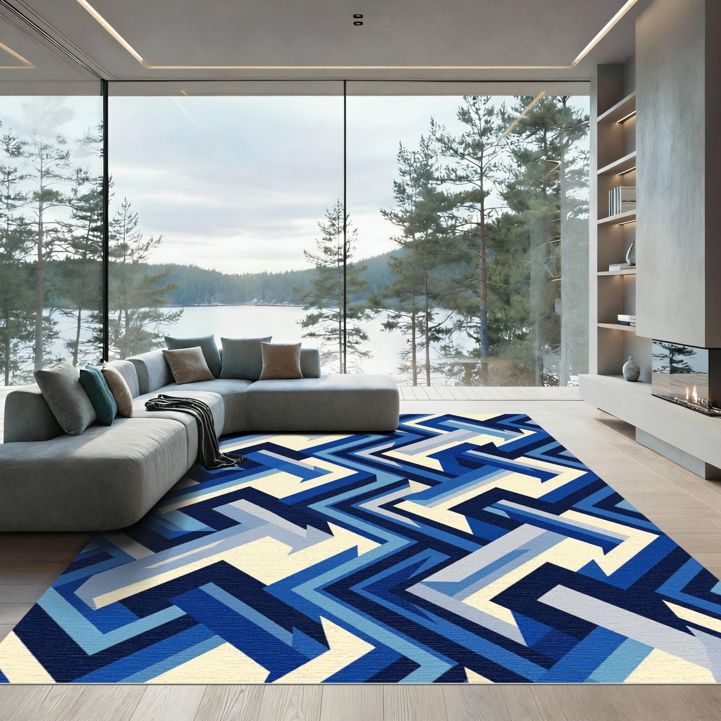 Modern Blue Geometric Angled Stripes Rug