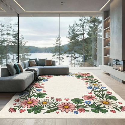 Sweet Pink Daisy Clover Hearts Border Rug