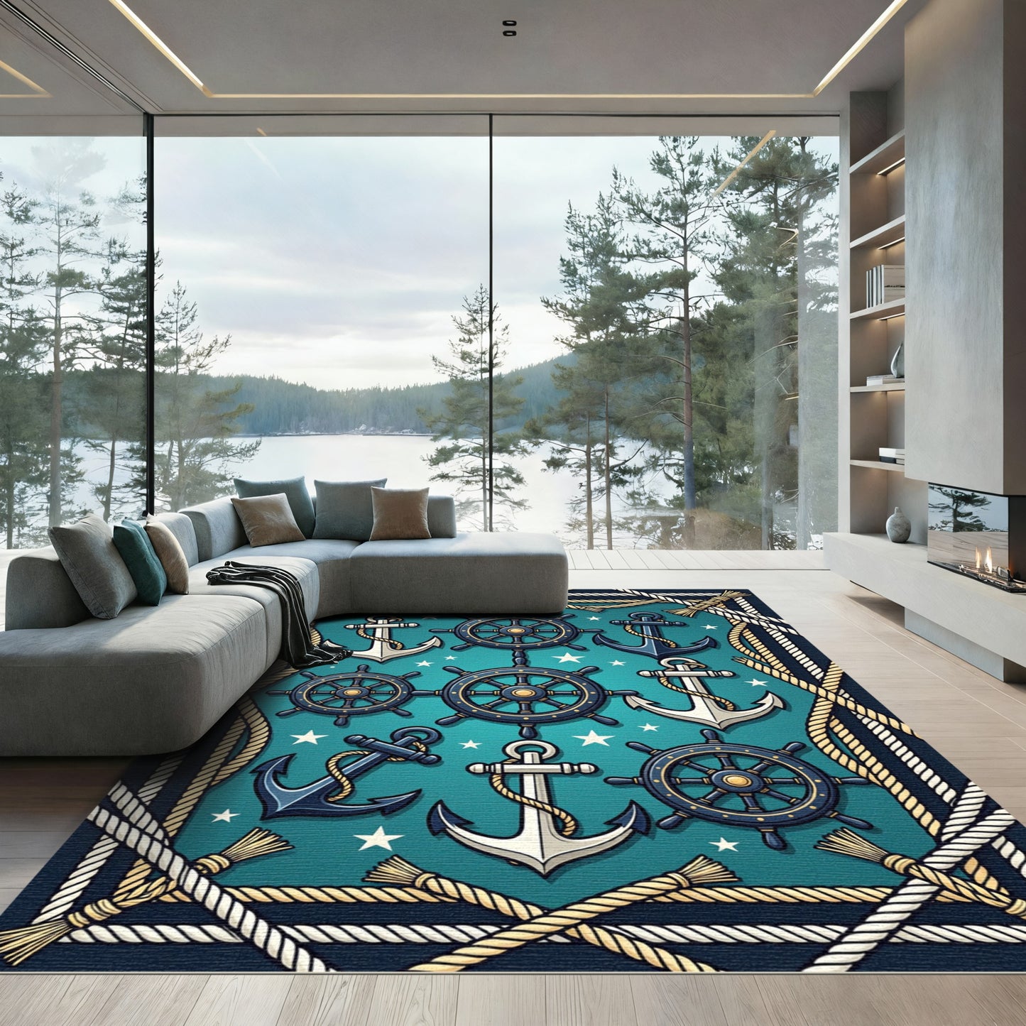 Nautical Helm And Anchor Navy Blue Rug