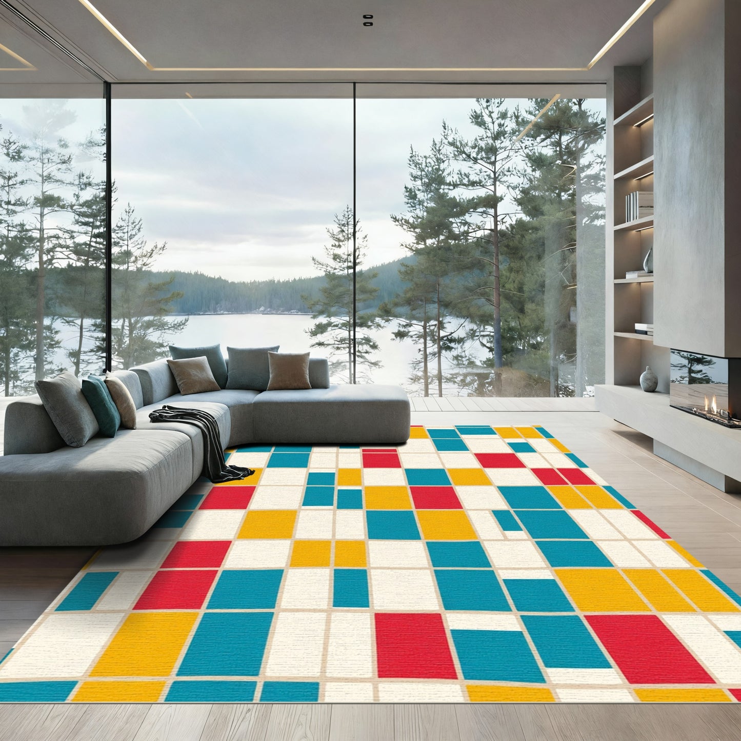 Primary Red Blue Yellow Grid Rug