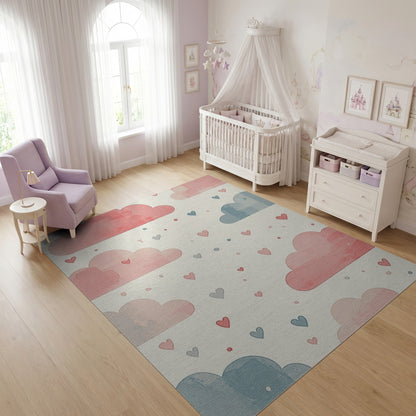 Pink and Blue Whimsical Clouds Hearts Rug