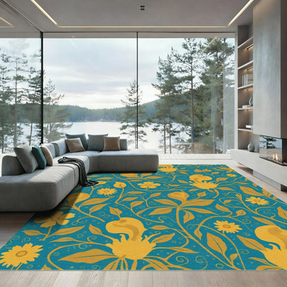 Golden Flowers on Teal Background Rug