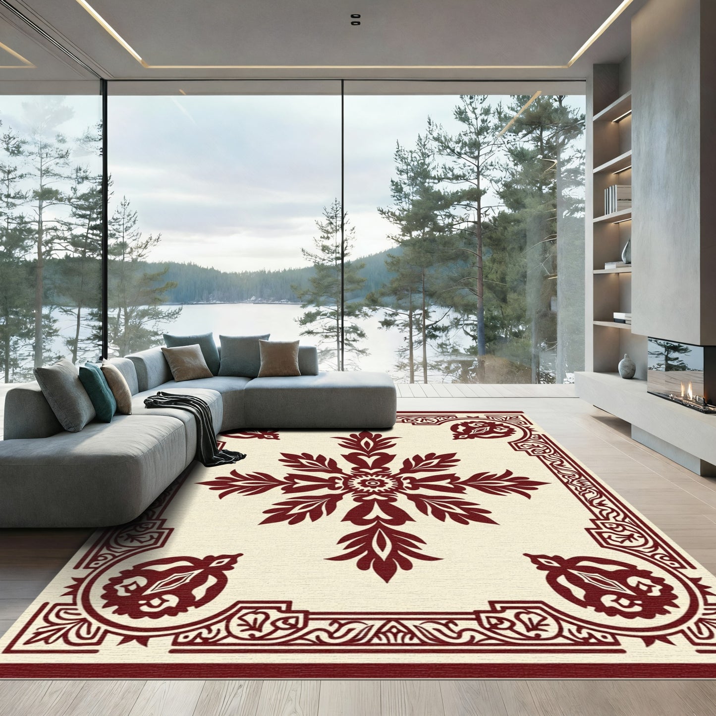 Crimson Laurel Bloom Border Rug