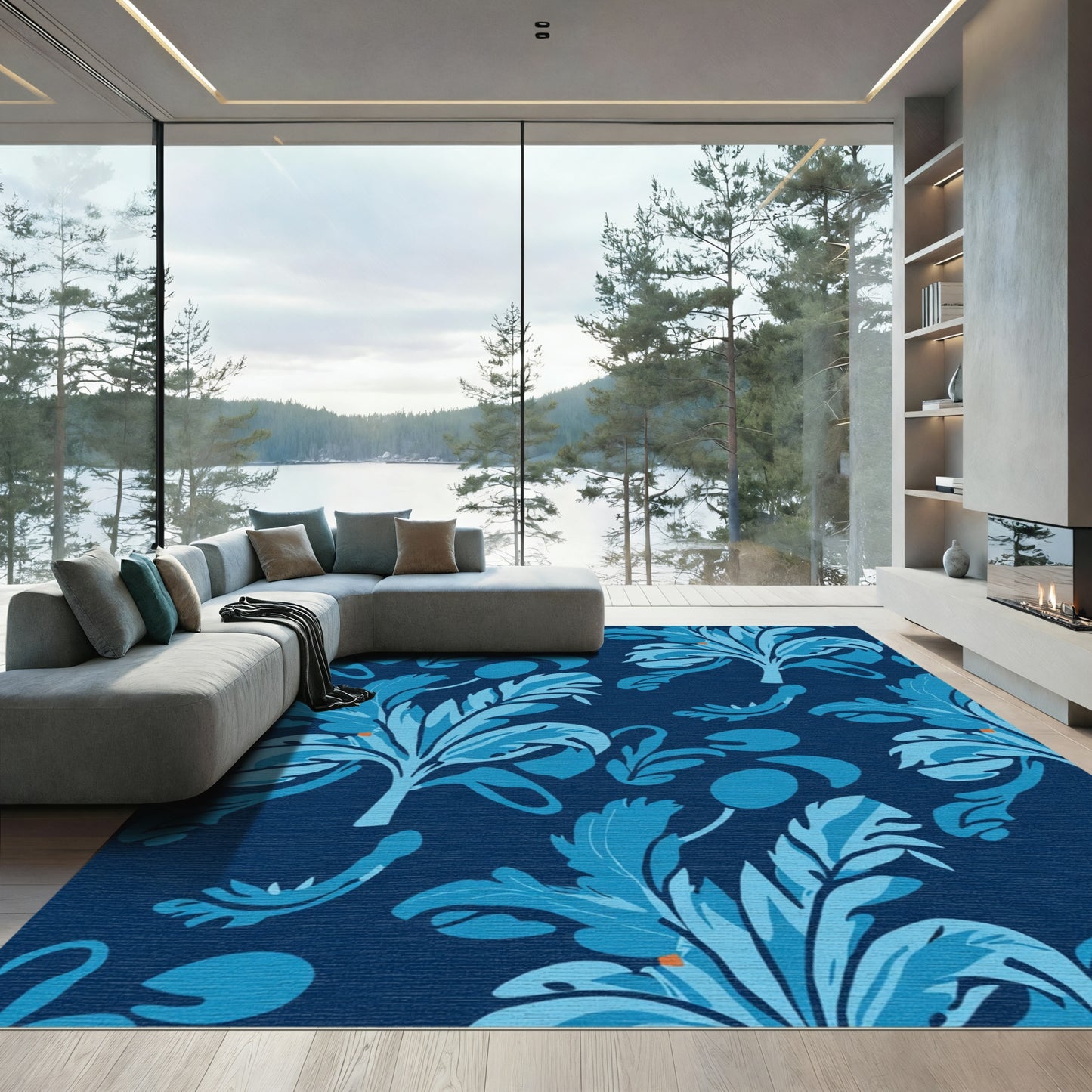 Deep Blue Leafy Botanical Arrangement Rug