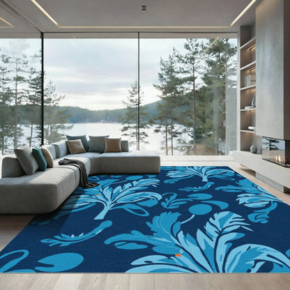 Deep Blue Leafy Botanical Arrangement Rug