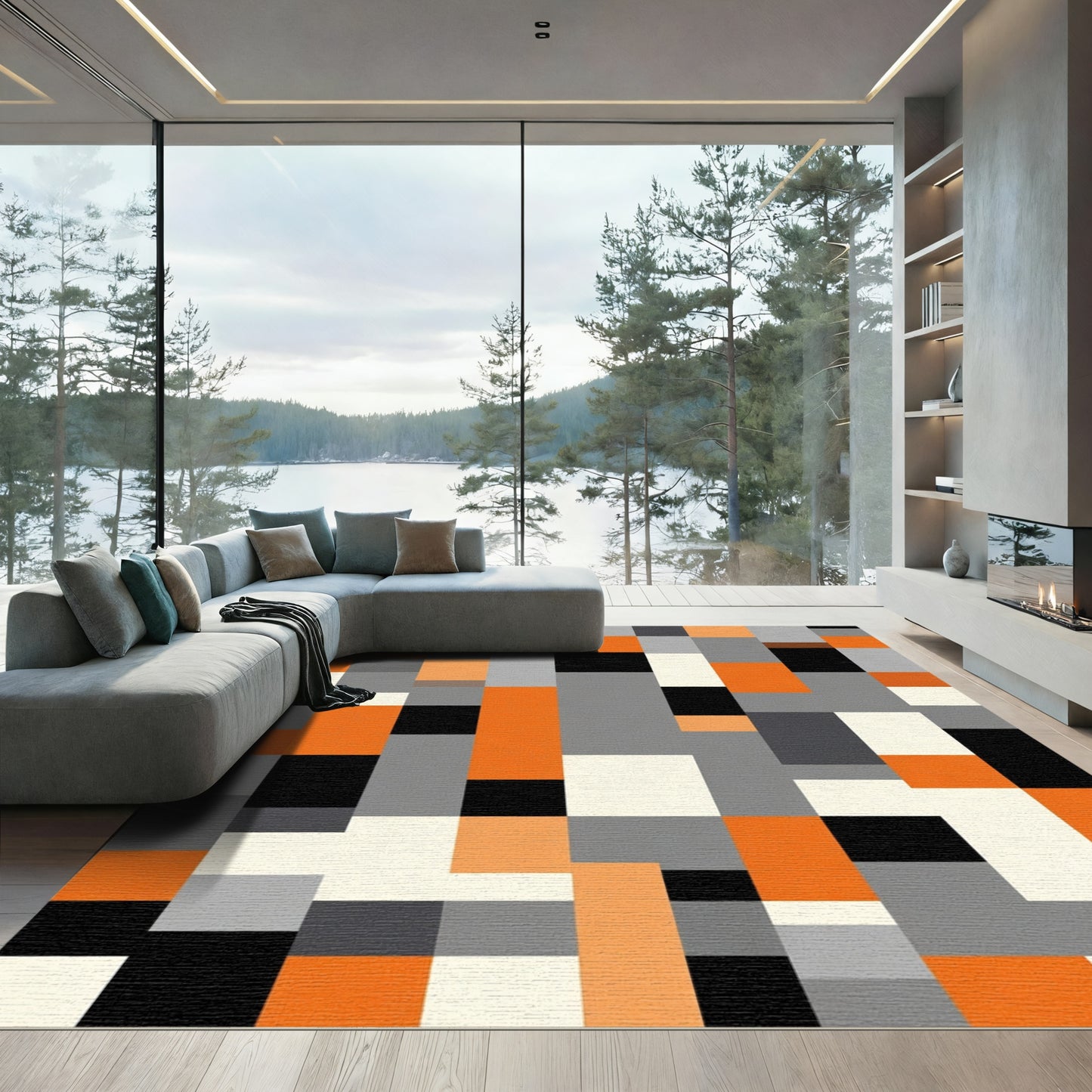 Modern Orange Gray Black Rectangular Rug