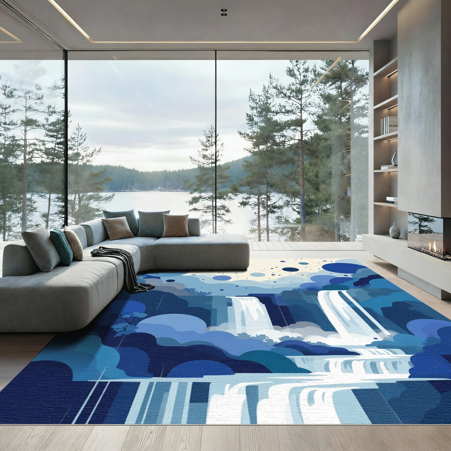 Abstract Blue Waterfall Cloud Scape Rug