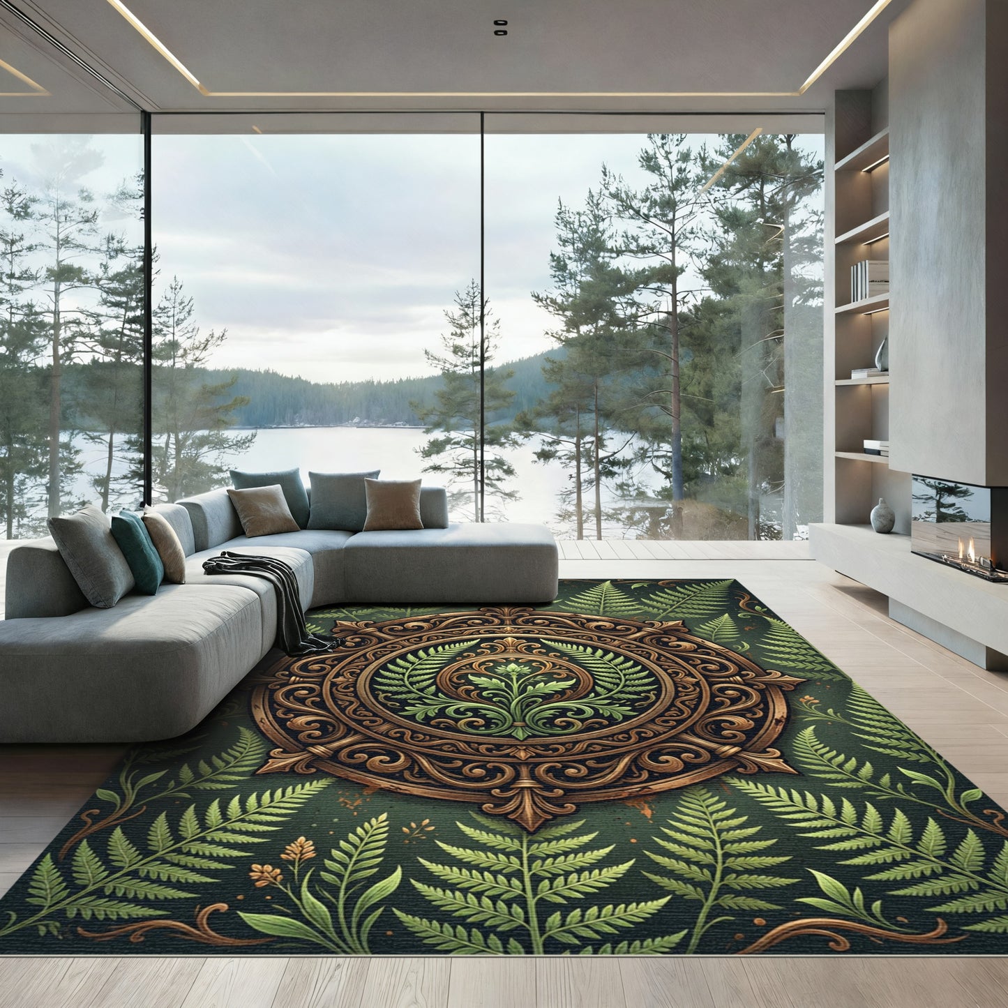 Ornate Gold Fern Medallion Rug
