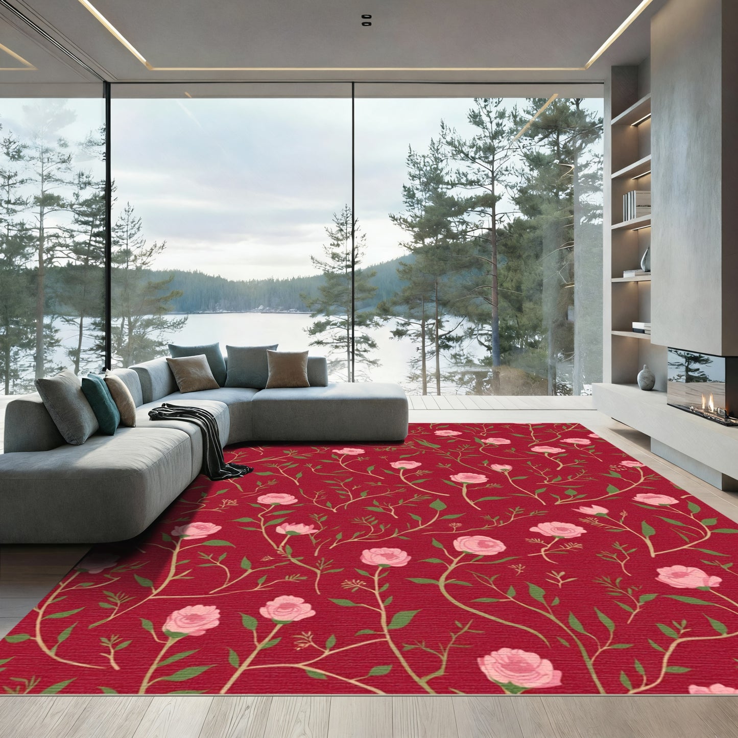 Charming Pink Roses Garden Whimsical Red Rug