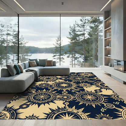 Golden Celestial Sunburst Navy Geometric Rug