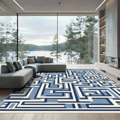 Blue Abstract Maze Geometric Scheme Rug
