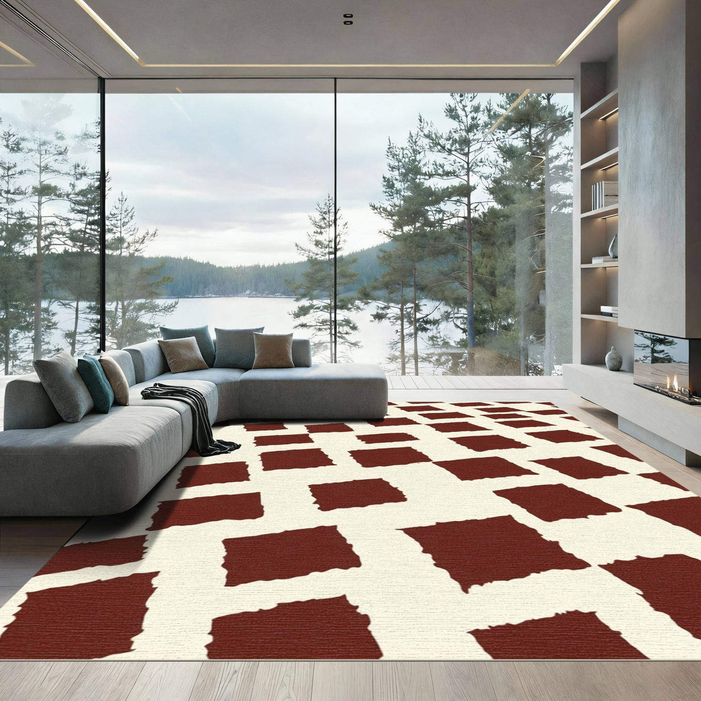 Minimalist Red Ochre Square Grid Rug