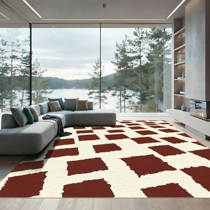 Minimalist Red Ochre Square Grid Rug