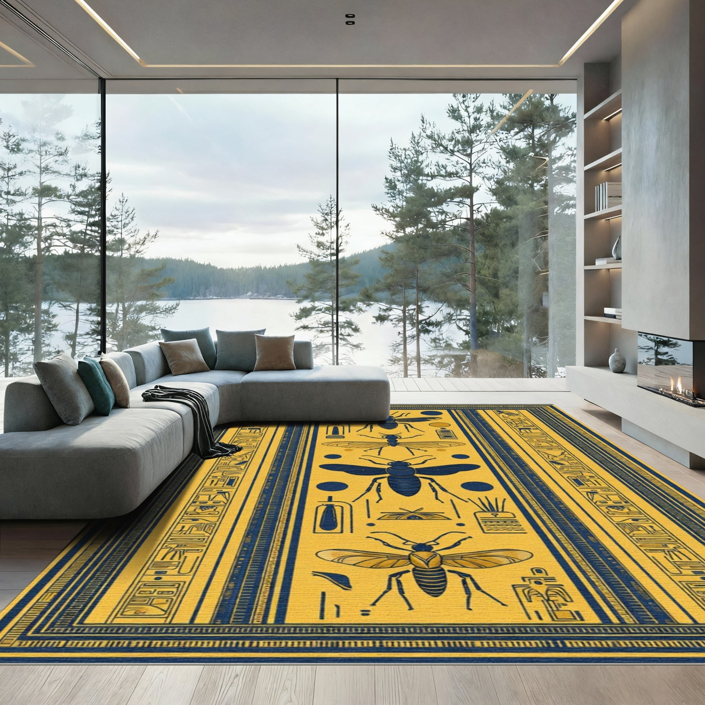 Golden Blue Ancient Insect Hieroglyphics Rug