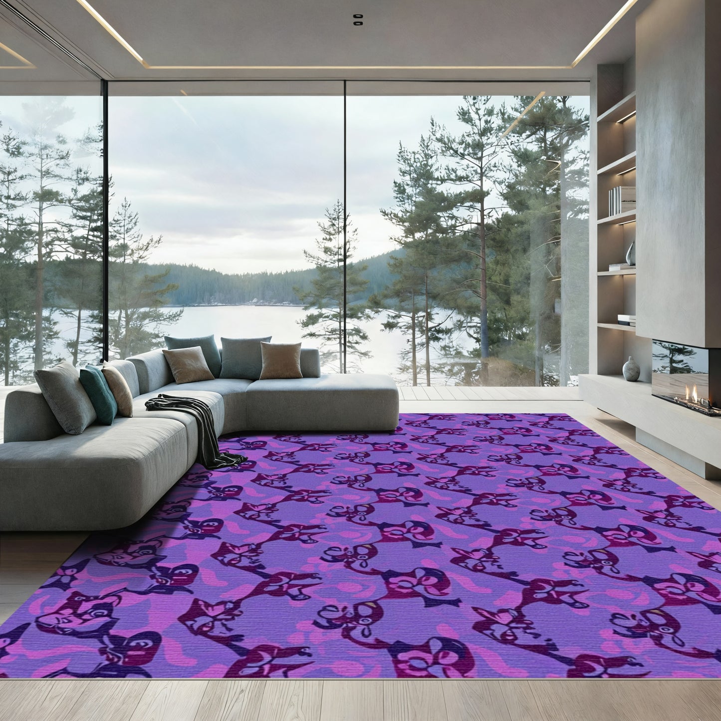 Whimsical Purple Cartoon Animal Collage Rug