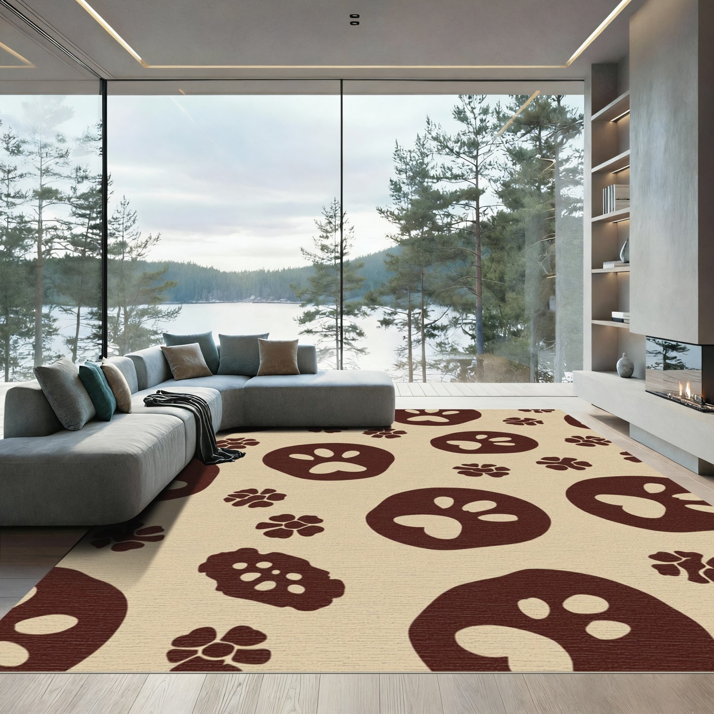 Brown Paw Print Floral Scatter Rug