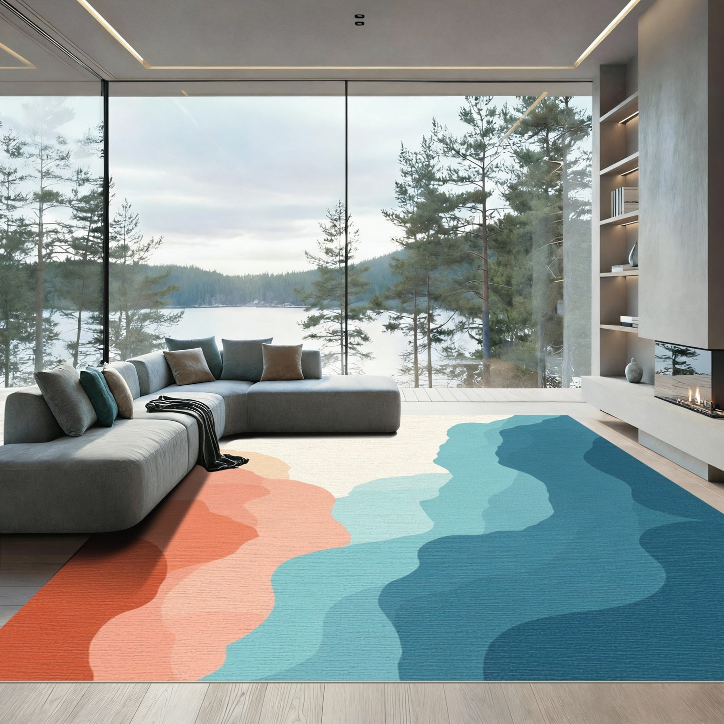 Abstract Coral Teal Gradient Waves Rug