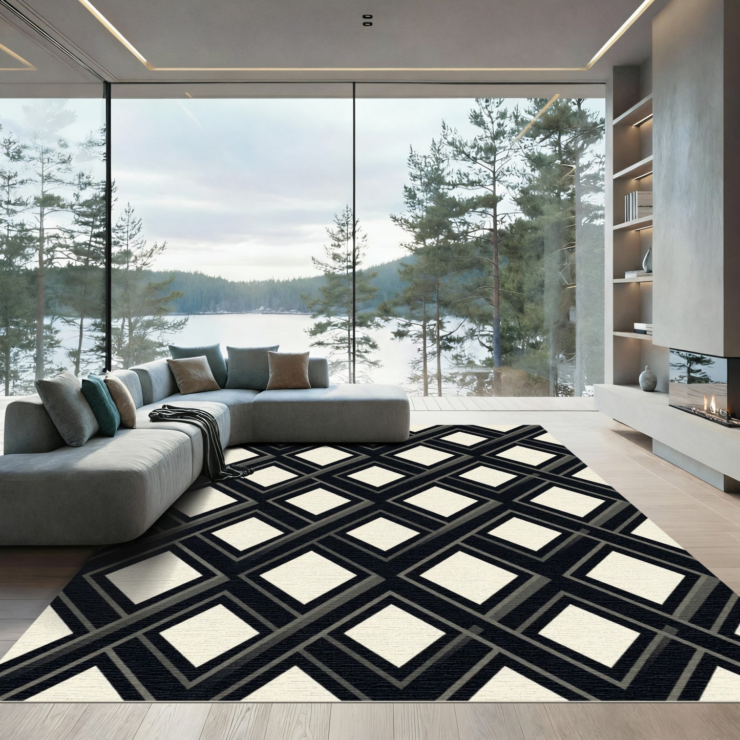 Sophisticated Black and Cream Geometric Diamond Rug