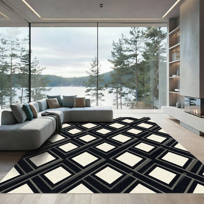 Sophisticated Black and Cream Geometric Diamond Rug