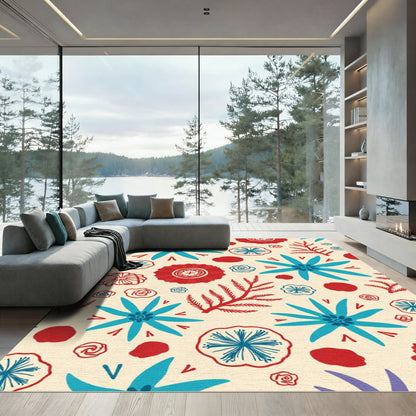 Red Blue Floral Whimsical Organic Layout Rug