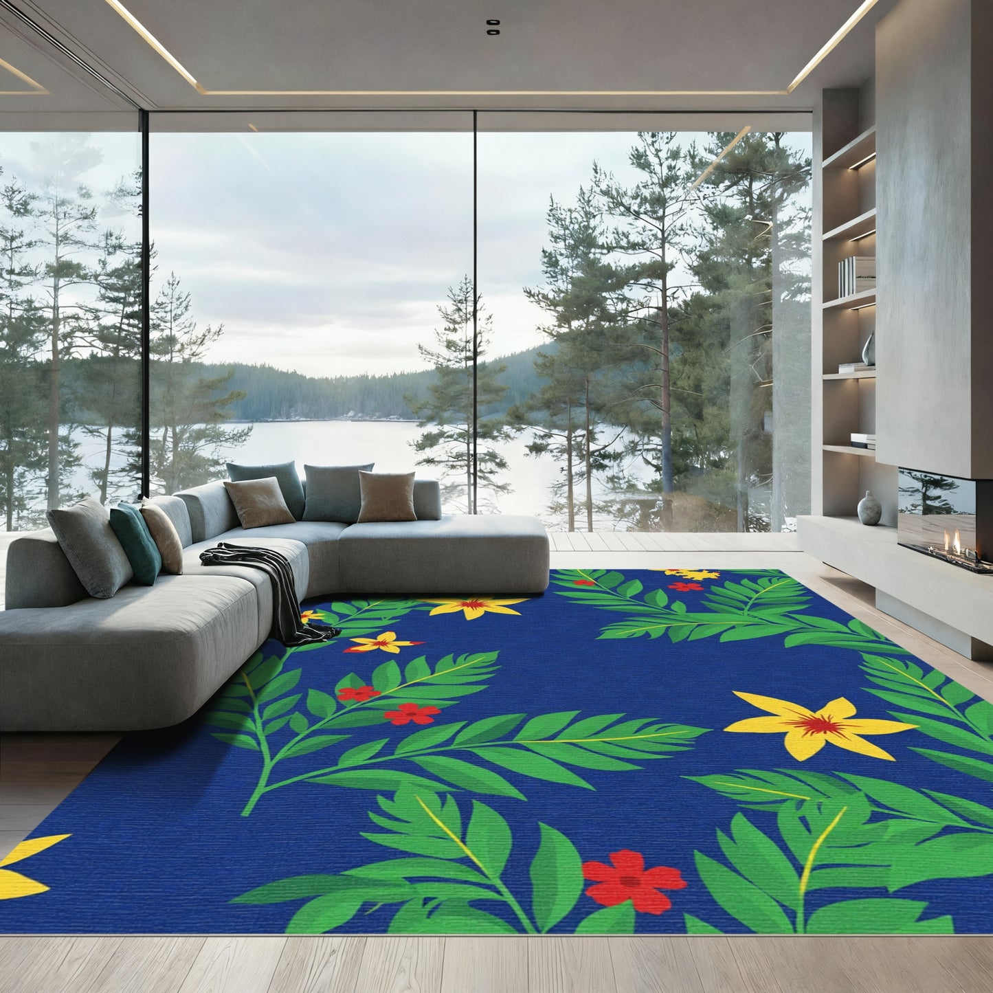Vibrant Blue Tropical Floral Botanical Rug